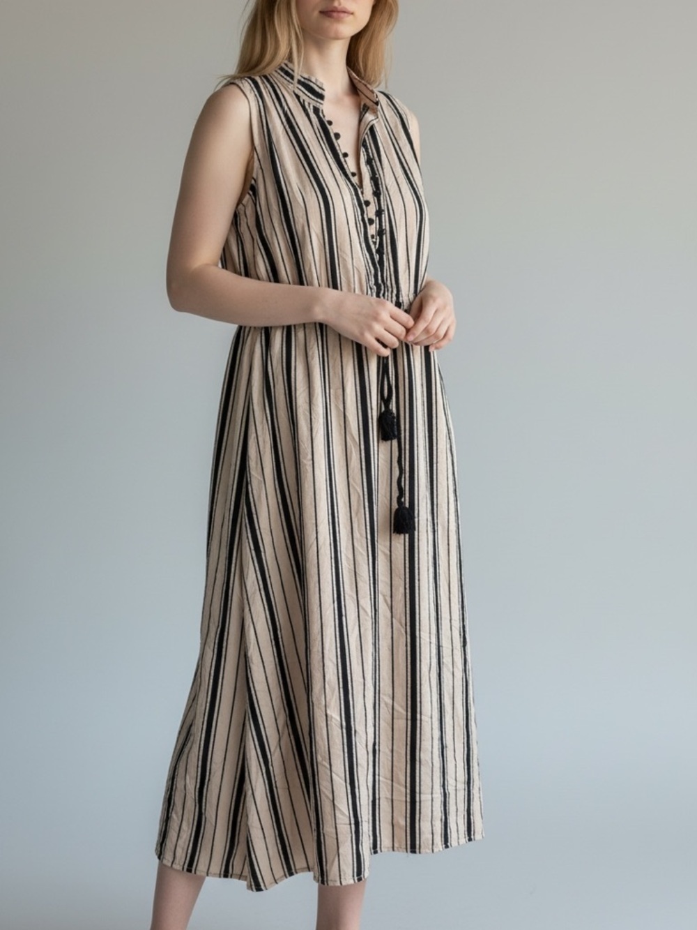 Scanlan Theodore Sleeveless Beige Black Striped Cinch Waist Bohemian Midi Dress
